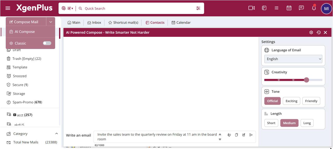 AI Powered Compose with a request typed in Write an email and Settings for Language of Email, Creativity, Tone and Length