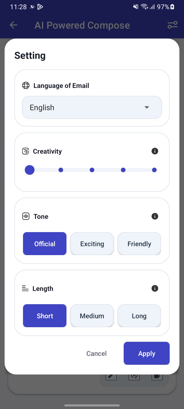 AI Compose settings on Android with Language of Email, Creativity, Tone and Length, and the Apply button