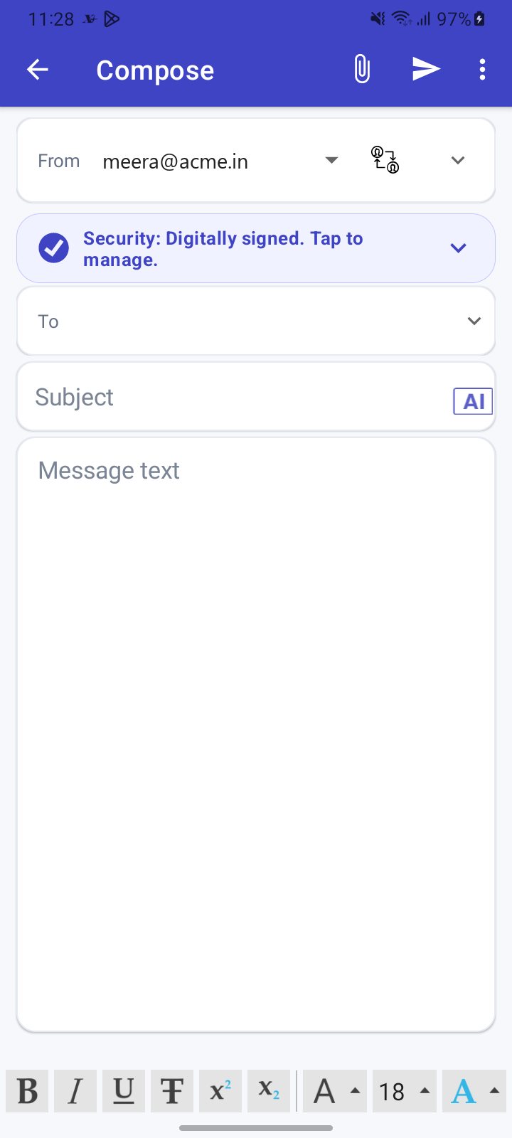 The XgenPlus Android compose screen with From, a digitally signed security banner, To, Subject with the AI button, and the message area