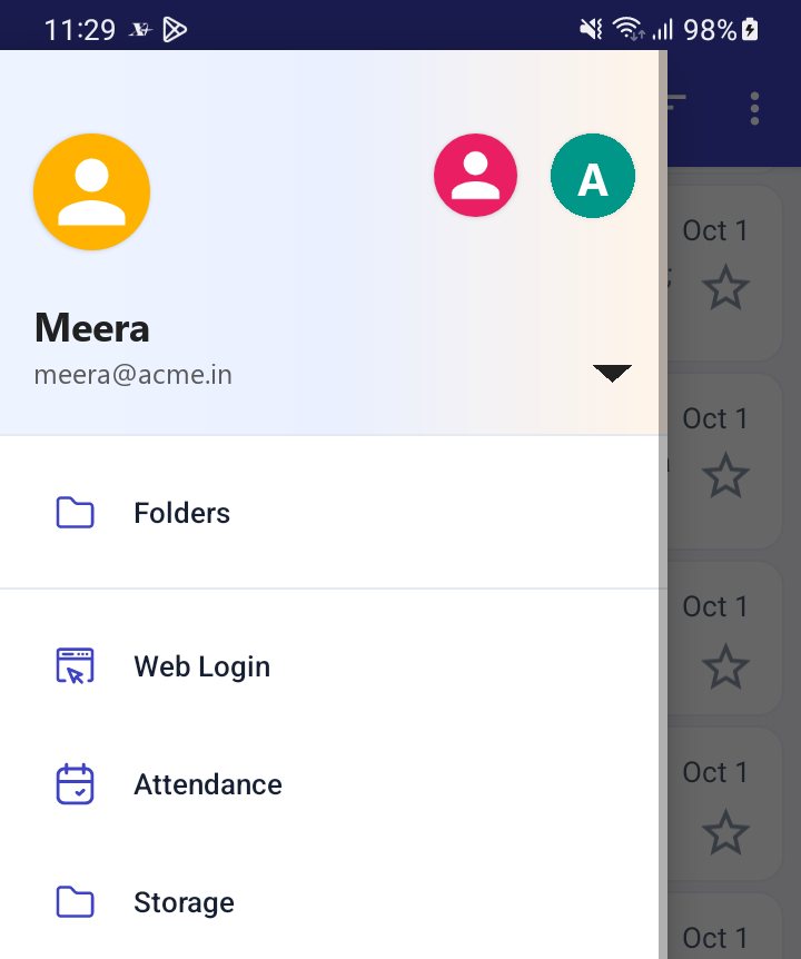 The XgenPlus Android menu with the account at the top and Folders, Web Login, Attendance and Storage