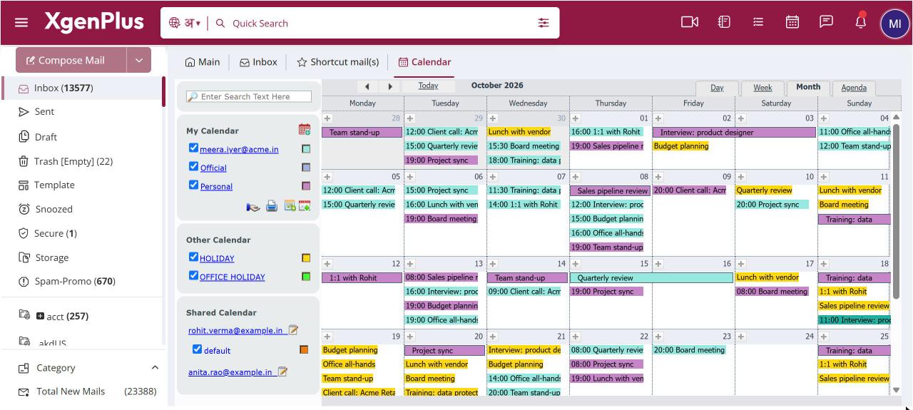 Calendar with My Calendar, Other Calendar and Shared Calendar lists on the left