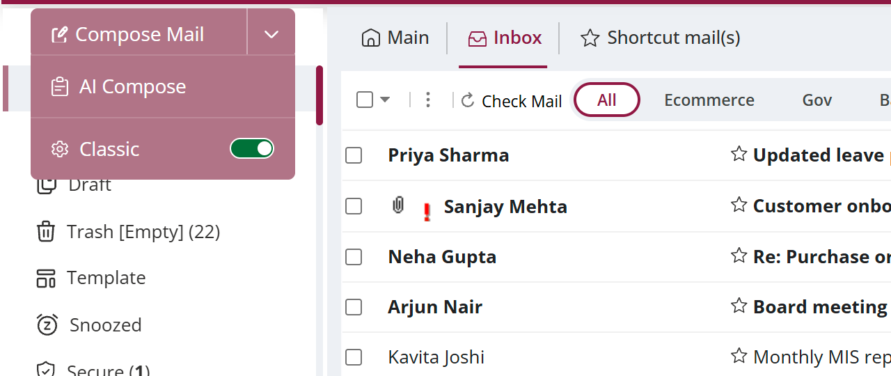 The arrow next to Compose Mail opens a menu with AI Compose and the Classic switch
