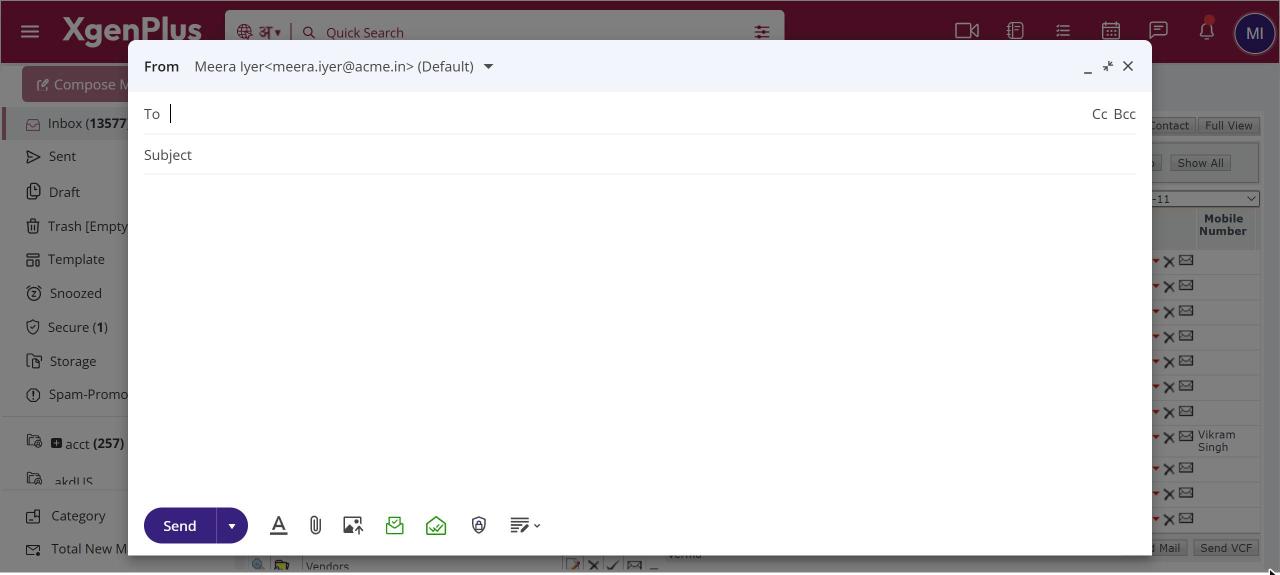 The compose window with From, To, Subject, the message area and the Send button with formatting and attachment tools