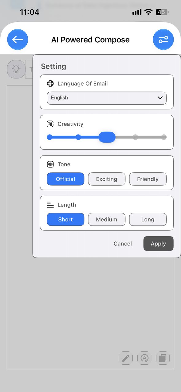 AI Powered Compose settings on iPhone with Language Of Email, Creativity, Tone and Length, and Cancel and Apply