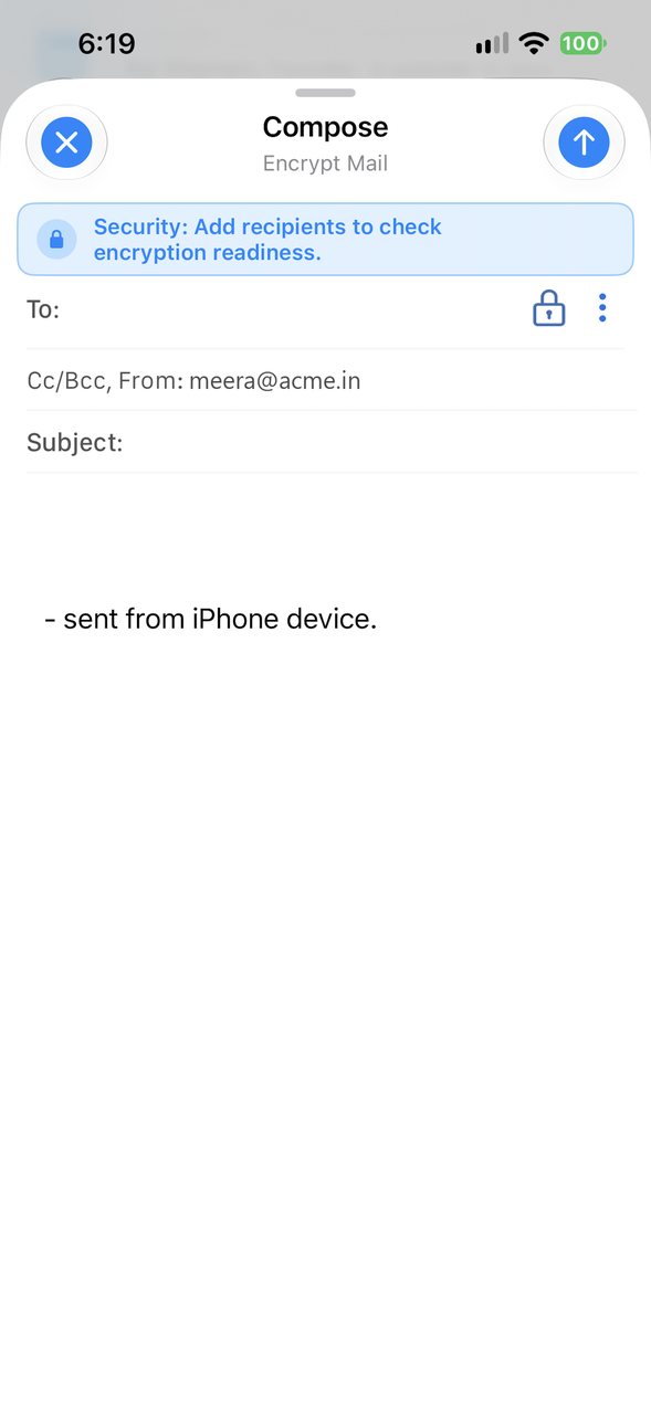 The XgenPlus iPhone compose screen with the encryption banner, To with a lock icon, Cc/Bcc and From, Subject and the message