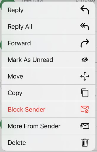 The press-and-hold menu in the XgenPlus app with Reply, Reply All, Forward, Mark As Unread, Move, Copy, Block Sender, More From Sender and Delete