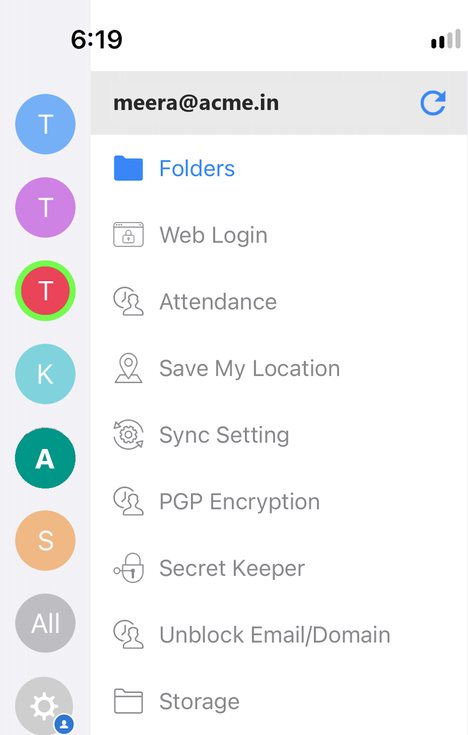 The XgenPlus iPhone app menu with account icons on the left and Folders, Web Login, Attendance, Save My Location, Sync Setting, PGP Encryption, Secret Keeper, Unblock Email/Domain and Storage