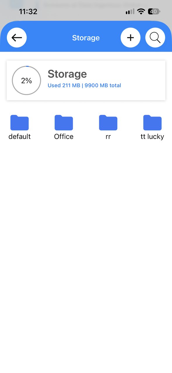 The iPhone Storage screen showing 2% used and folders such as default and Office