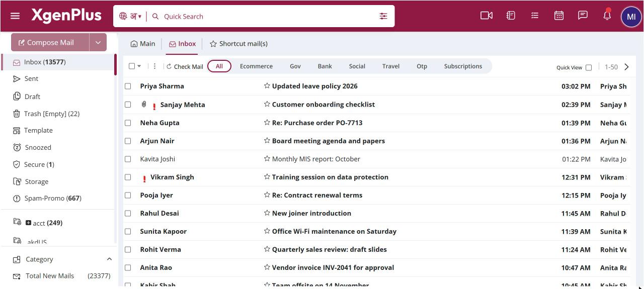 The XgenPlus mailbox with the folder list on the left and the Inbox mail list on the right