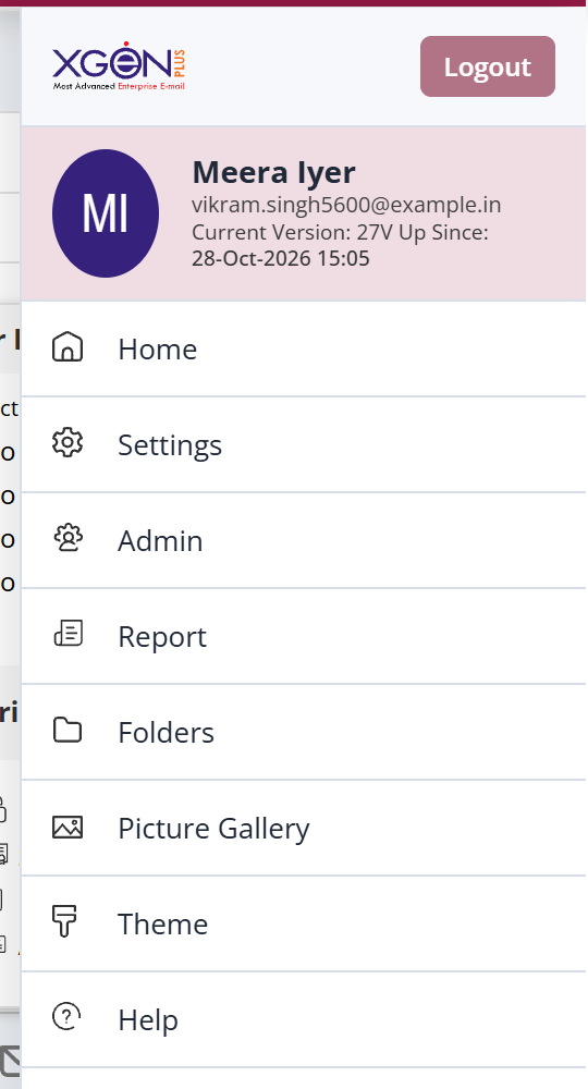 The webmail profile menu showing the Admin option that opens the admin console