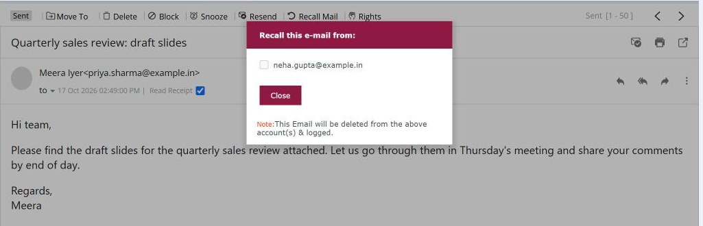The Recall this e-mail from dialog over a sent mail; a recipient who already read it is greyed out
