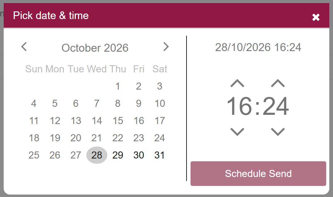 The Pick date and time dialog with a calendar, hour and minute controls and the Schedule Send button