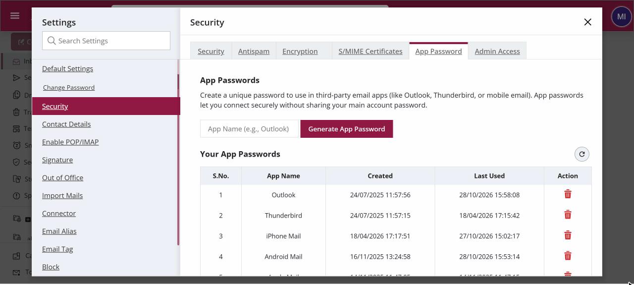 The App Password tab with an app name box, Generate App Password and the list of your app passwords