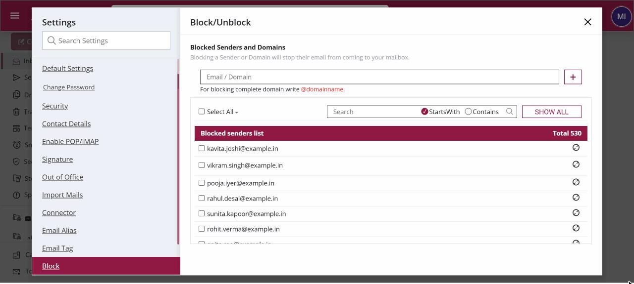 Block/Unblock settings with the Email / Domain box and the Blocked senders list