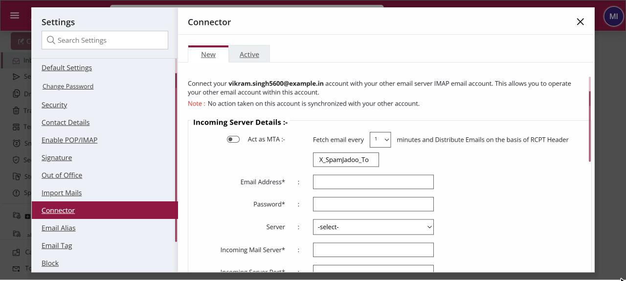Connector settings on the New tab with Act as MTA, Email Address, Password, Server and Incoming Mail Server
