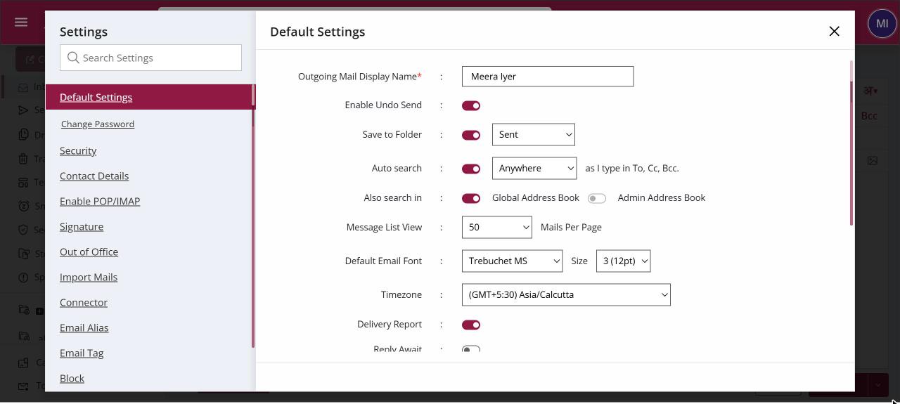 The Settings window open on Default Settings, with the list of settings sections on the left