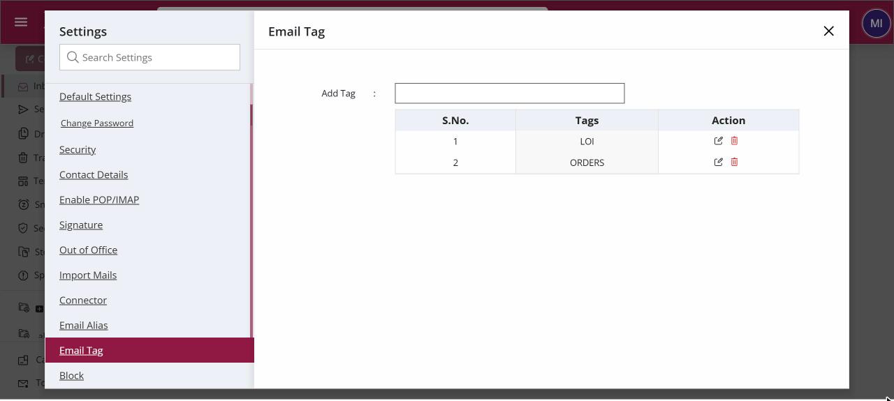 Email Tag settings with the Add Tag box and a list of tags with edit and delete actions
