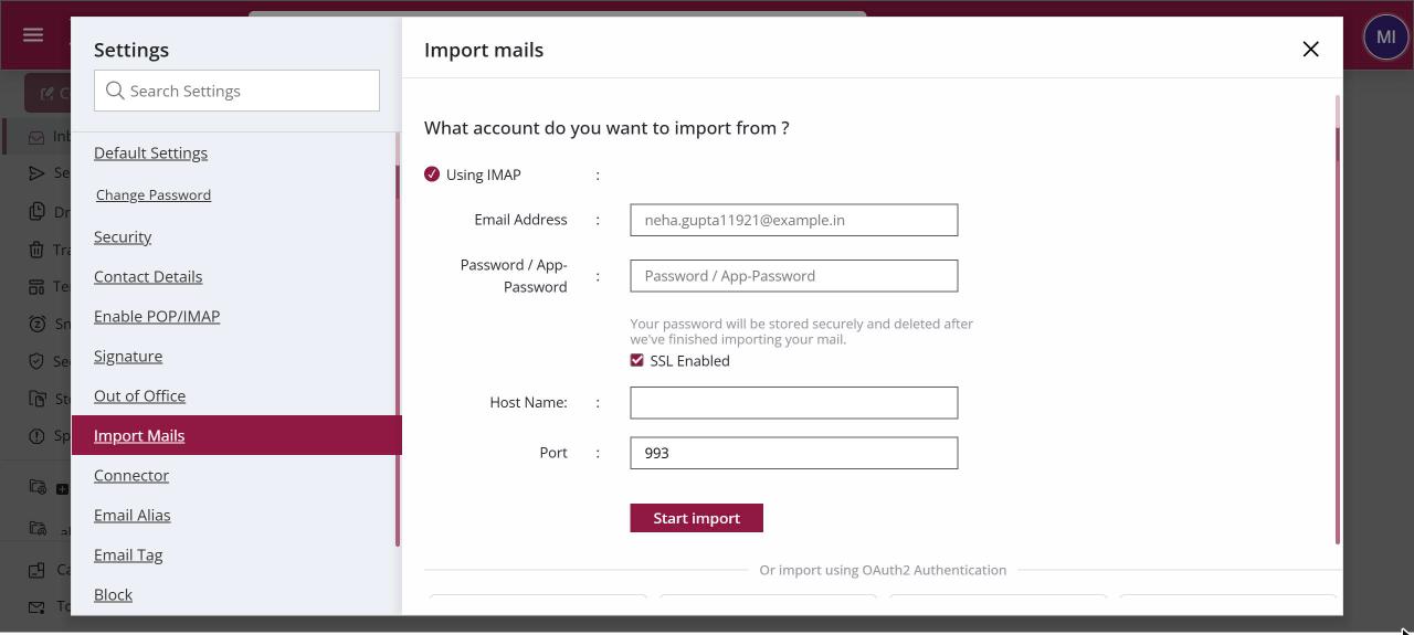 Import mails settings with Email Address, Password / App-Password, SSL Enabled, Host Name and Port, and Start import