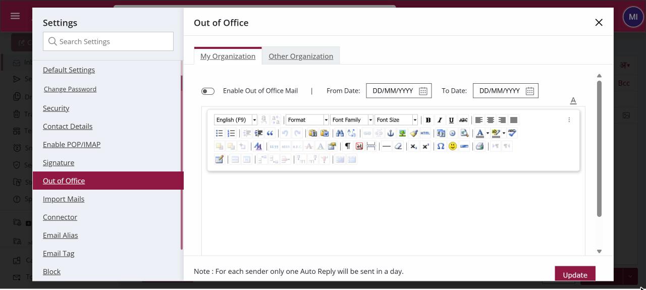 Out of Office settings with the My Organization and Other Organization tabs, the enable switch, From and To dates and the reply editor