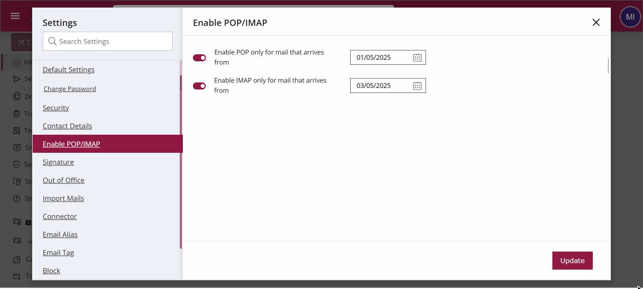 Enable POP/IMAP settings with switches for POP and IMAP and a from date for each