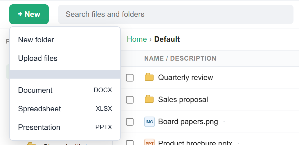 The + New menu in Storage with New folder, Upload files, Document, Spreadsheet and Presentation