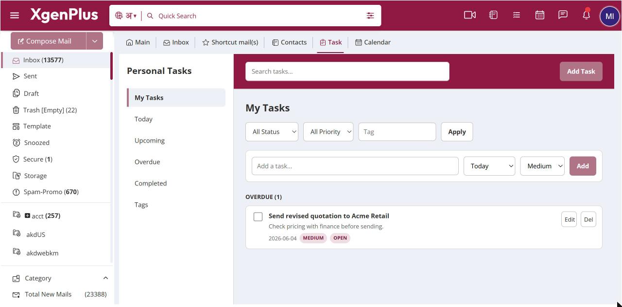 The Add a task box with a due day, priority and the Add button